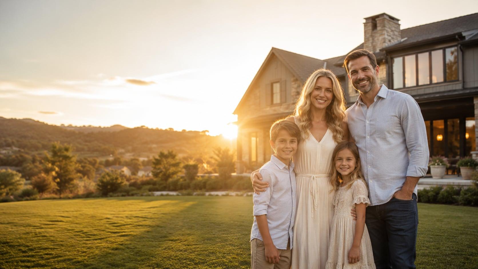 Familia sonriendo frente a una casa al atardecer